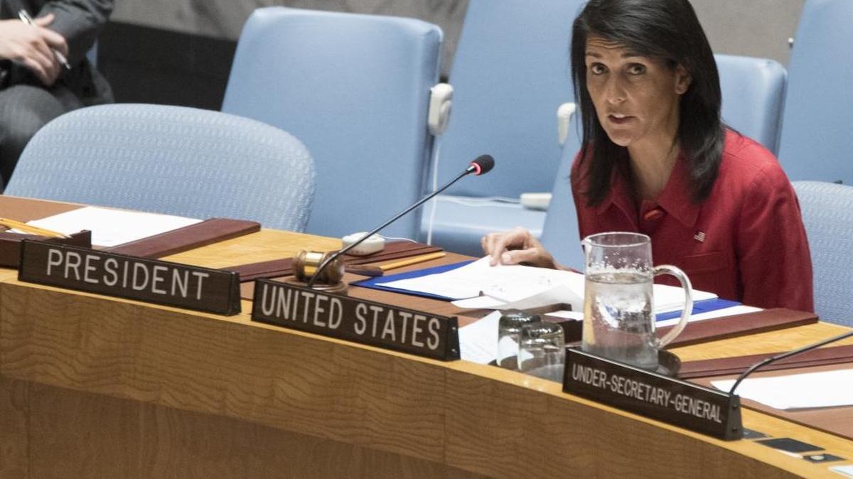 United States' Ambassador United Nations and current Security Council President Nikki Haley speaks during a Security Council meeting on the situation in Syria, Friday, April 7, 2017 at United Nations headquarters.