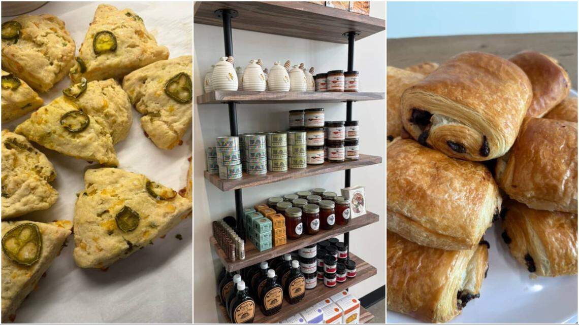 A vertical collage of three images. The image on the left shows a pile of savory scones with visible pieces of jalapeño and cheese, and the image on the right shows a pile of golden-brown pain au chocolat pastries. The central image shows a store shelf display of various food products, including honey pots, jams, and syrups.