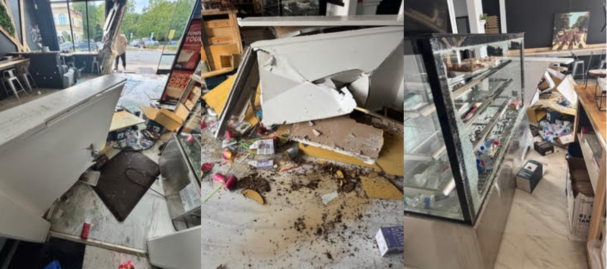 A triptych of photos shows the disastrous interior of a cafe after a car has crashed through it. The images depict debris, fallen shelving units, and scattered products, including food and beverages, strewn across the floor.