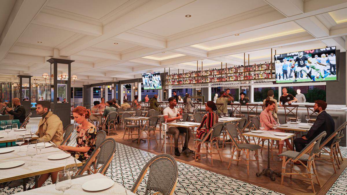 A 3D rendering of the interior of a large restaurant with a full bar and modern decor. Diners are seated at small tables and bar stools in the foreground, with large-screen televisions mounted above the bar in the background.