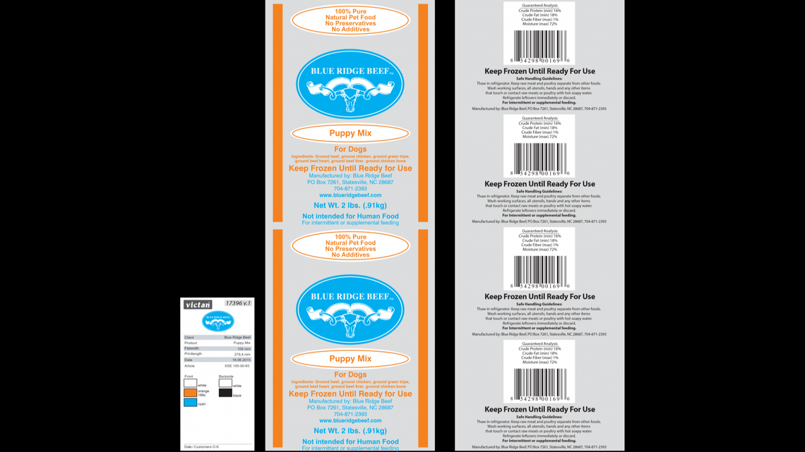 Blue Ridge Beef, a pet food company based in North Carolina, is recalling its puppy mix logs sold Aug. 6 to Aug. 23 due to salmonella contamination.