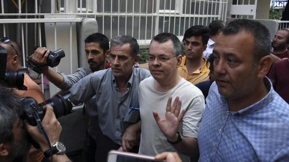 Andrew Craig Brunson, center, an evangelical pastor originally from Black Mountain, North Carolina, leaves a prison outside Izmir, Turkey, on Wednesday. Brunson, who has been jailed in Turkey for more than 1 ½ years on terror and espionage charges, has been put under house arrest as his trial continues.