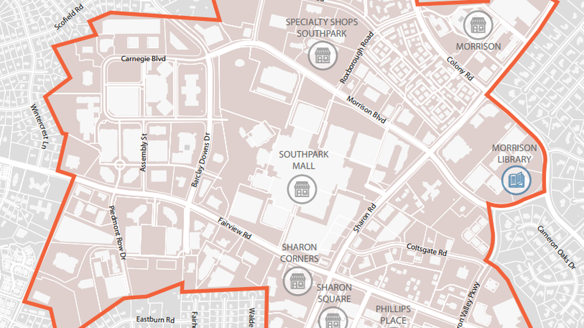 A municipal service district in the SouthPark area in south Charlotte would create a new property tax in the area shown on this map..