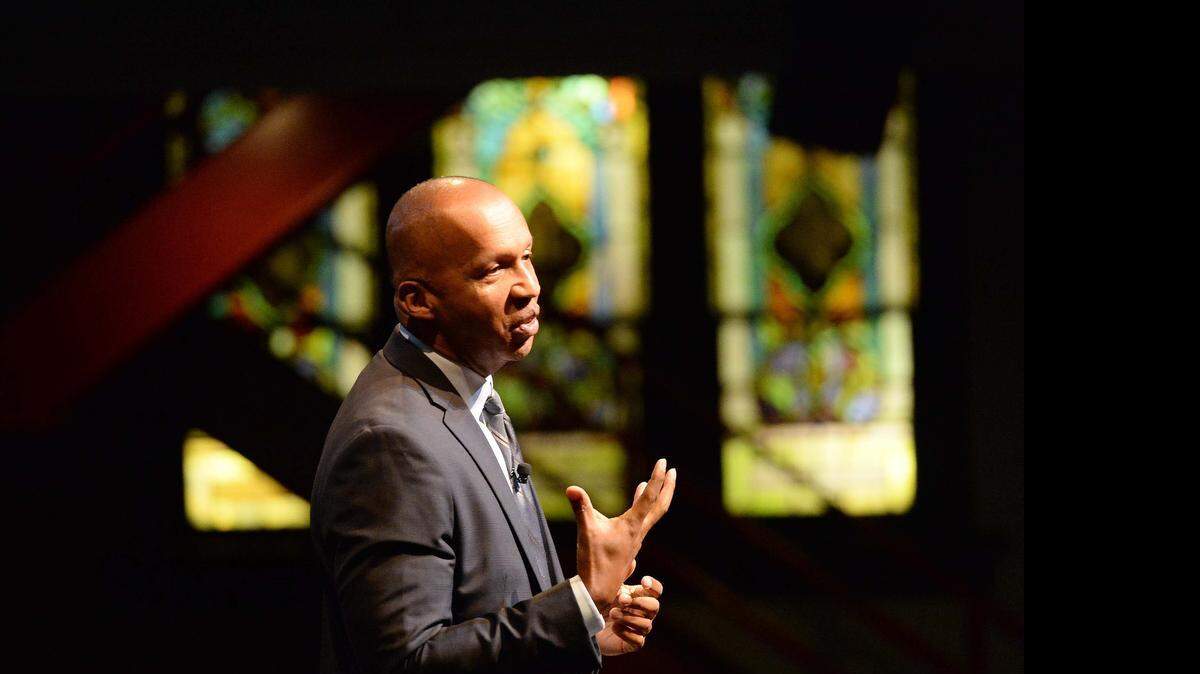 
Attorney-activist Bryan Stevenson speaks during "Our Times Re-Imagined: A Distinguished Speakers Series, presented by Bank of America,Levine Museum of the New South and the Charlotte Observer held at McGlohon Theatre at Spirit Square April 29,2015.
