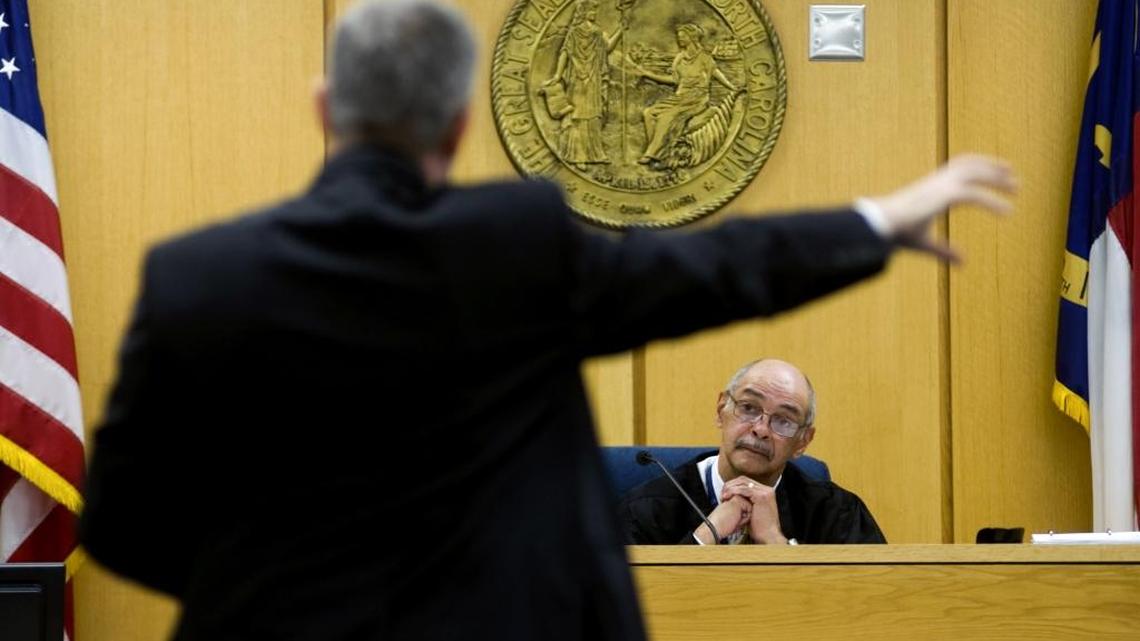 Jay Ferguson argues a motion to Senior Resident Superior Court Judge Greg Weeks during the first day of the Racial Justice Act hearing of Marcus Robinson at the Cumberland County Courthouse.