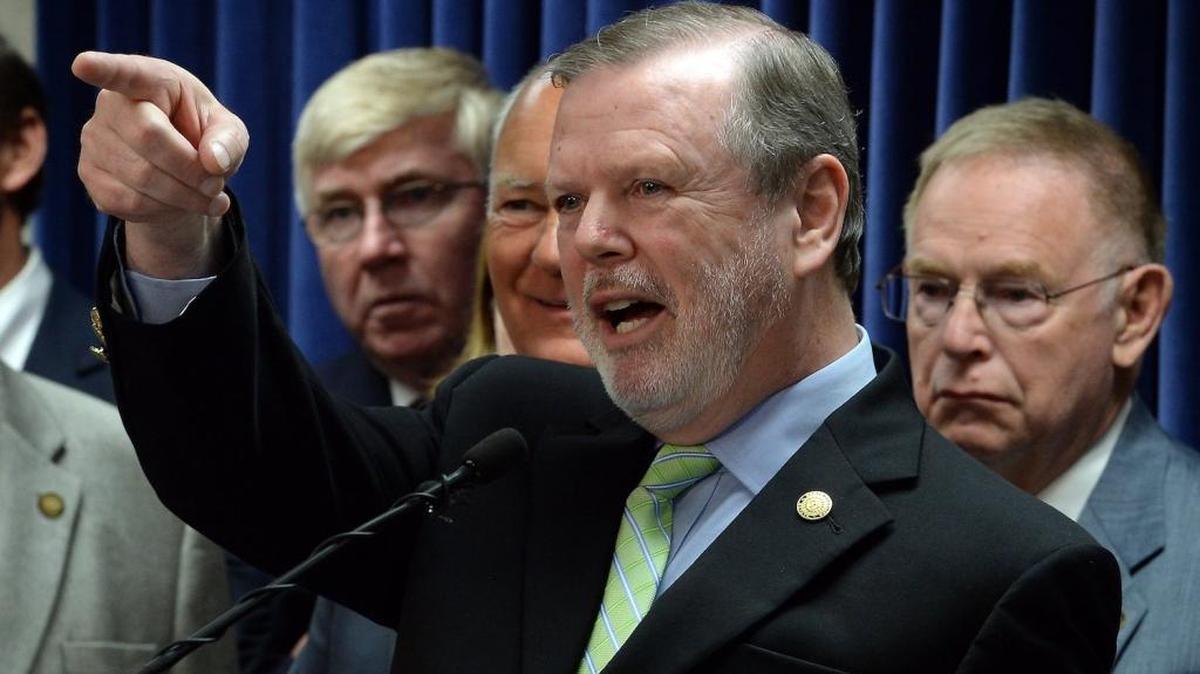 NC state Sen. Phil Berger acknowledges a question from a reporter at the legislature in Raleigh on May 31, 2016. Berger recently accused Gov. Roy Cooper and Josh Stein, the attorney general, of imposing a de-facto moratorium on the death penalty.