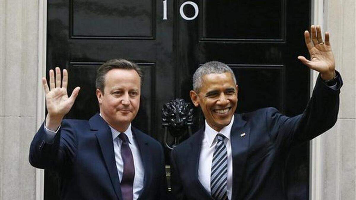 President Barack Obama and Britain's Prime Minister David Cameron wave from the steps of 10 Downing Street, London before a meeting Friday, April, 22, 2016.