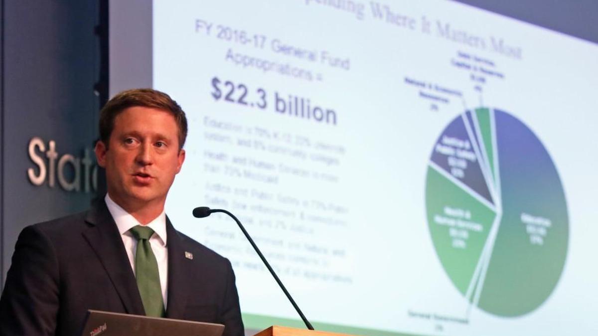 State Budget Director Andrew Heath gives details of the N.C. governor's 2016-17 state budget during a press conference Friday morning, April 22, 2016, at the North Carolina National Guard Joint Task Force headquarters in west Raleigh.