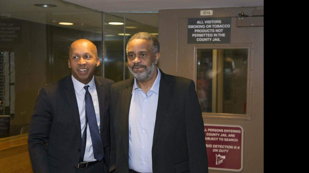 
Bryan Stevenson, left, escorted Anthony Ray Hinton from the Jefferson County Jail on April 3. Hinton spent 30 years on Alabama’s death row before Stevenson helped win his freedom.

