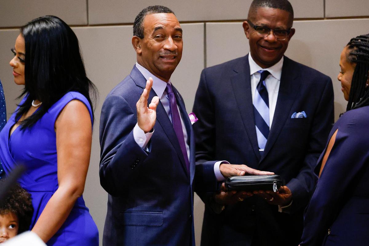 James “Smuggie” Mitchell takes the oath office for Charlotte City Council at the Charlotte-Mecklenburg Government Center in Charlotte, N.C., Tuesday, Sept. 6, 2022.