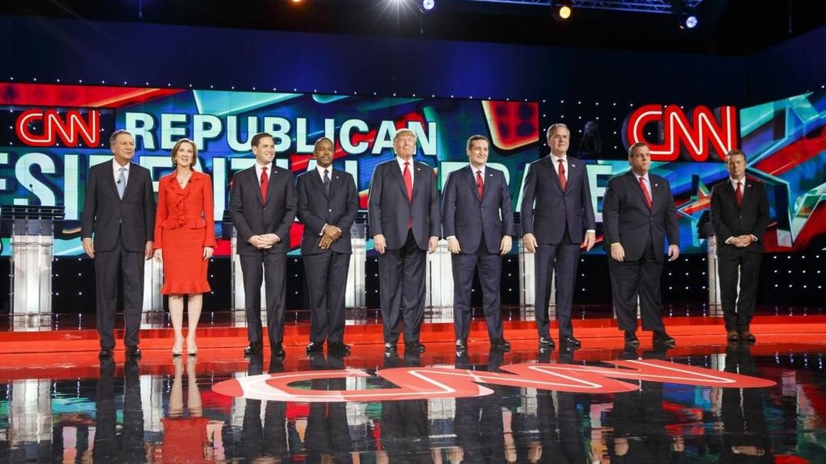 File photo: Republican presidential candidates, from left, John Kasich; Carly Fiorina; Marco Rubio; Ben Carson; Donald Trump; Ted Cruz; Jeb Bush; Chris Christie; Rand Paul. Several are scheduled to make appearances in South Carolina this weekend.
