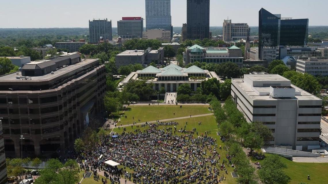 Supporters of House Bill 2 hold a rally on Halifax Mall in Raleigh on Monday, April 25, 2016.