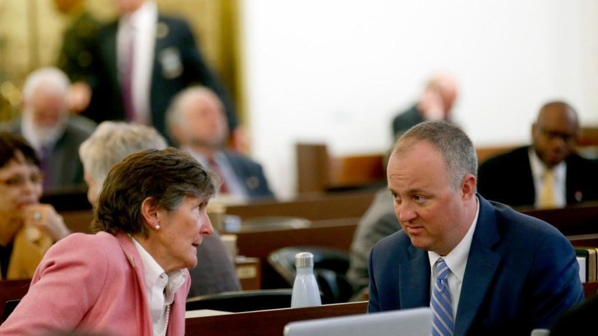Rep. Pricey Harrison, left, a Greensboro Democrat, talks with Rep. Darren Jackson, Democratic leader of the N.C. House, on the House floor as the N.C. General Assembly convenes at the Legislative Building in Raleigh, NC, on Jan. 25, 2017