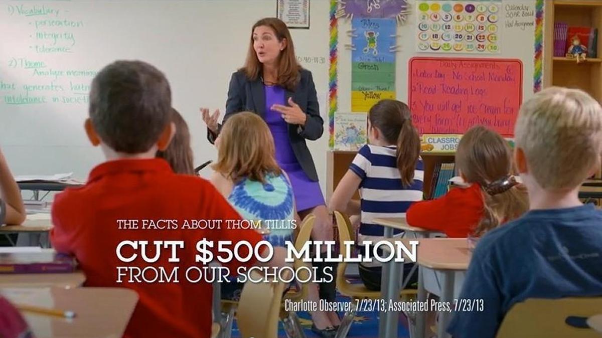 Vivian Connell, a Chapel Hill teacher, was featured in a television ad funded by The National Education Association Advocacy Fund that attacked Thom Tillis' record on education. The super PAC for the largest teachers union in the country launched the seven-figure TV and digital ad buy in Sept. 2014. The commercial aired in 95 percent of North Carolina for a week at a cost of $1.7 million.