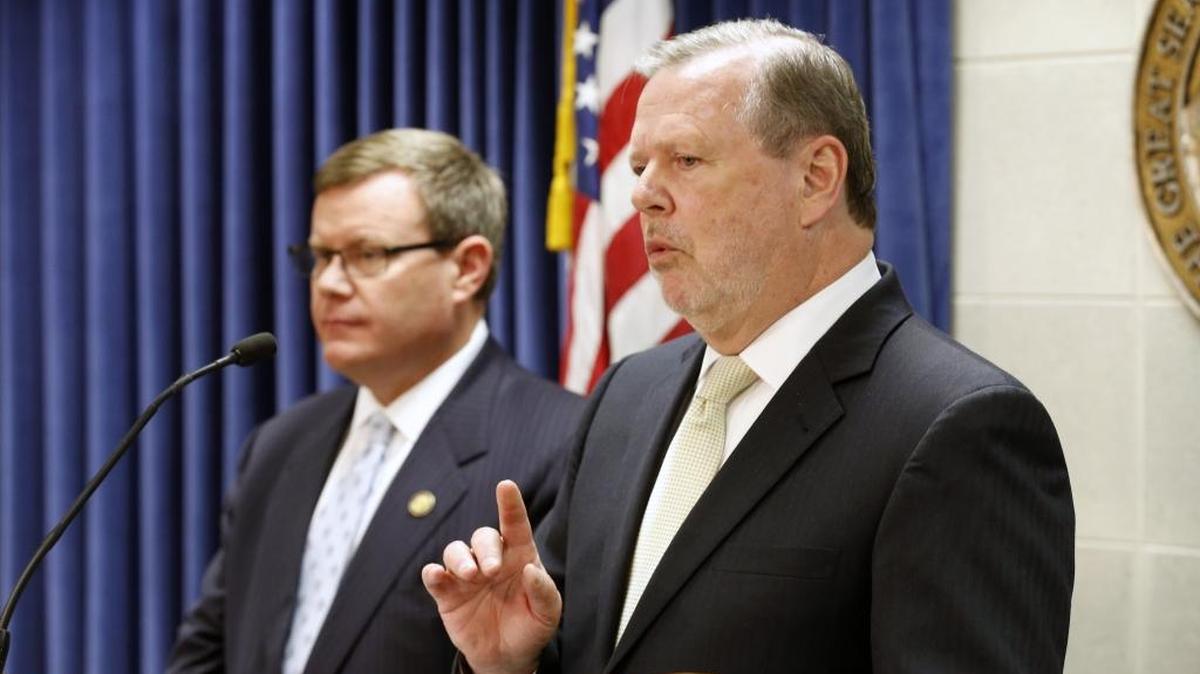 House Speaker Tim Moore, left, and Senate leader Phil Berger hold a press conference at the Legislative Building in Raleigh Tuesday evening March 28, 2017.