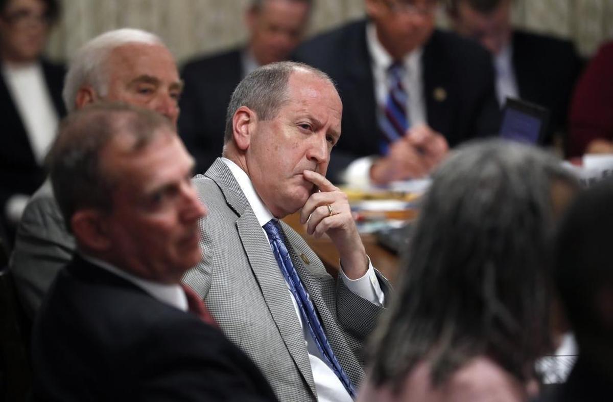 Sen. Dan Bishop listens at a Senate hearing last year.