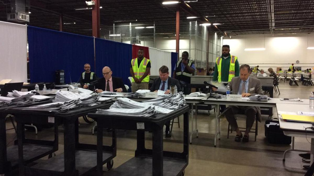 The Wake County Board of Elections reviews ballots on Friday.