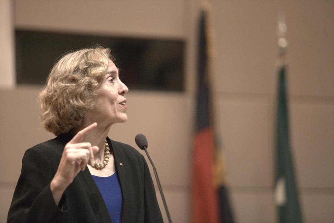 Mayor Jennifer Roberts gives her final remarks before newly elected mayor Vi Lyles takes office in Charlotte on Monday.
