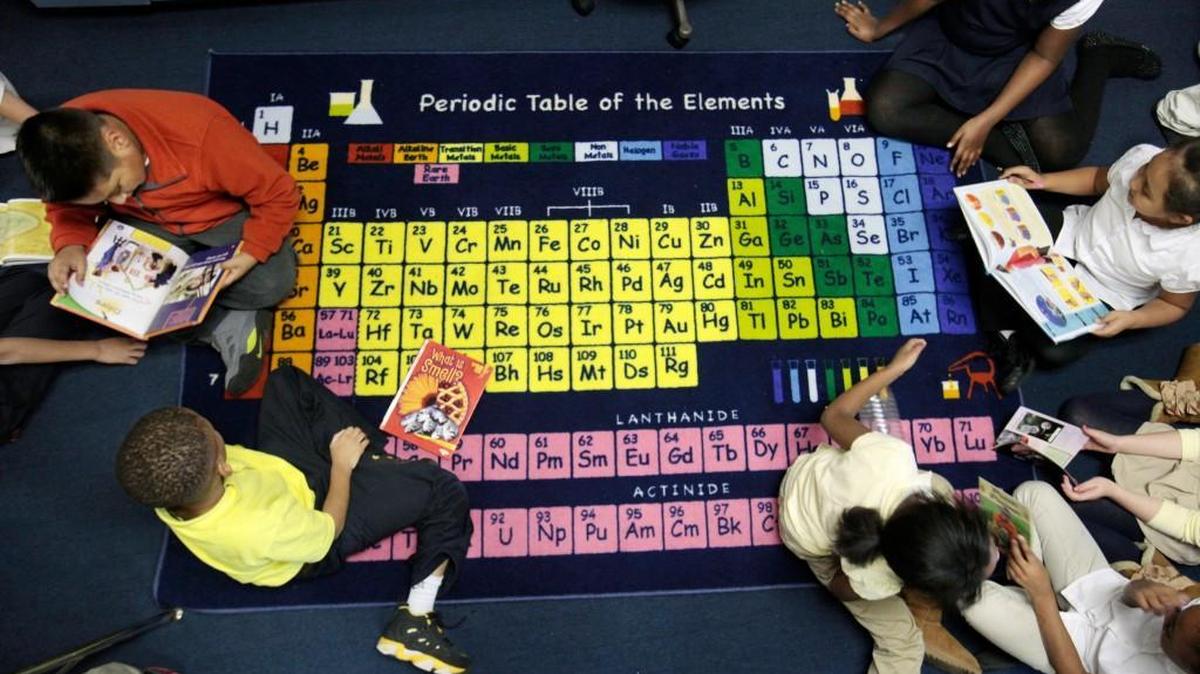 Durham, NC's Reaching All Minds Academy charter school third graders in biotech teacher Valerie Chambers' (cq) class spend time reading about ecosystems while seated on a carpet of the periodic table of the elements Monday afternoon, December 15, 2014.