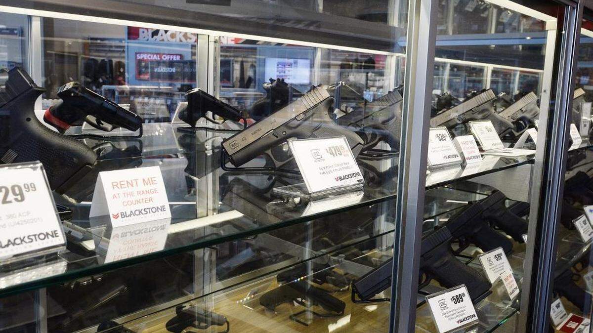 A display of pistols at Blackstone Shooting Sports.