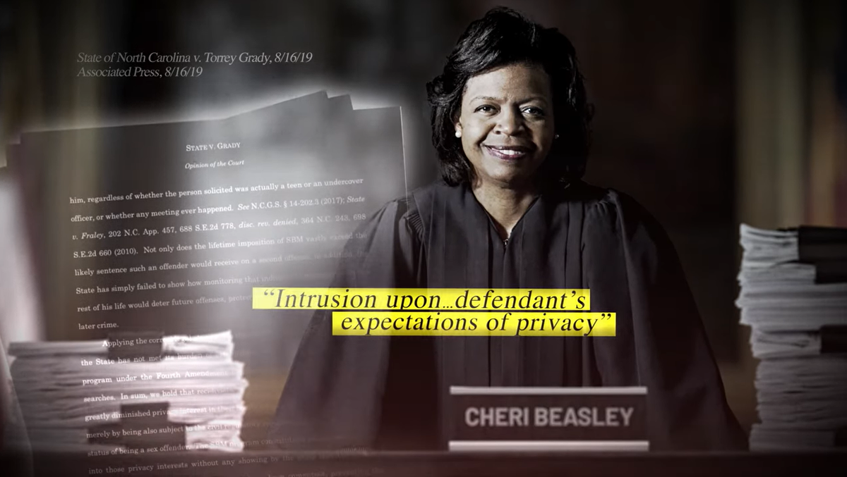 A screenshot from an ad that targets Cheri Beasley, the Democratic nominee for US Senate in NC, because of a decision about a sex offender’s case in 2019. This image highlights a section of a court decision that Beasley supported while chief justice of the court