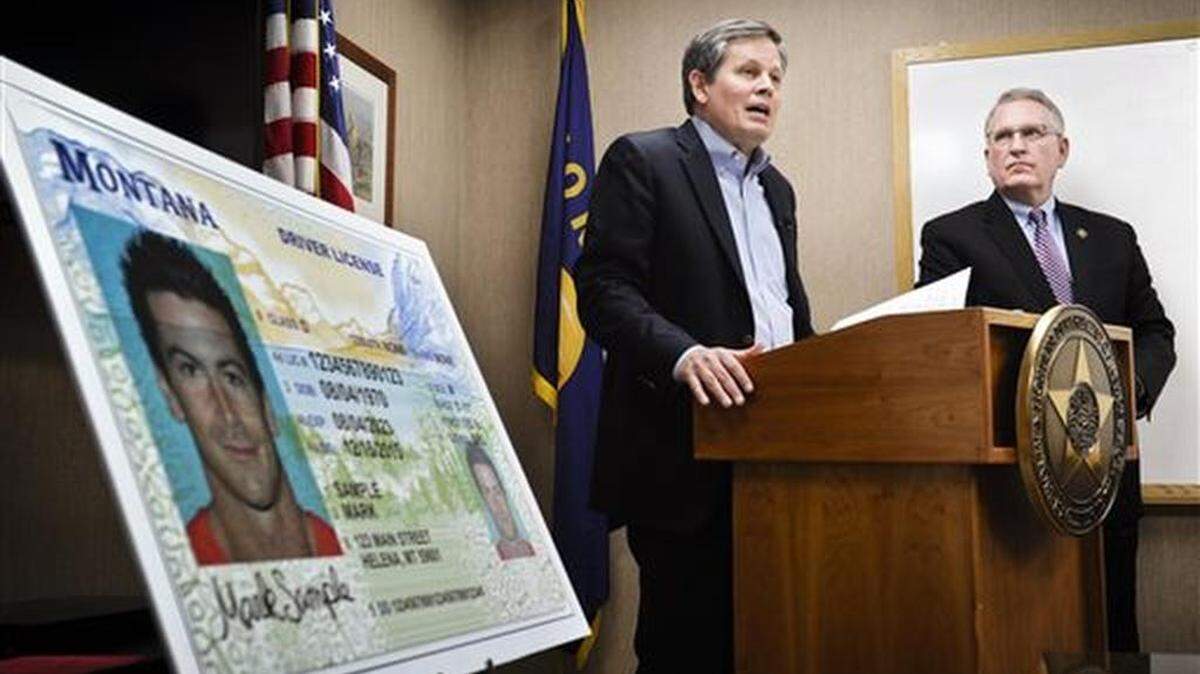 Sen. Steve Daines, R-Mont., joined by Montana Attorney General Tim Fox, right, discusses Montana's noncompliance with the federal REAL ID Act during a press conference on Jan. 7. Fox says that enhanced security measures included in Montana's new driver's licenses are not meant to comply with federal standards he says could create an "Orwellian national ID system.”