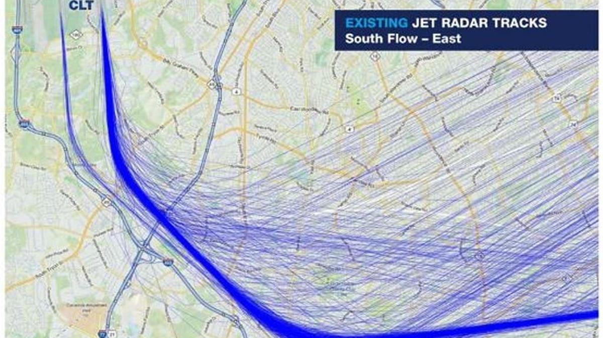 Here are flight paths at Charlotte Douglas before the FAA began dispersing planes in an effort to spread noise among more people. Most of the departures followed the dark blue band.