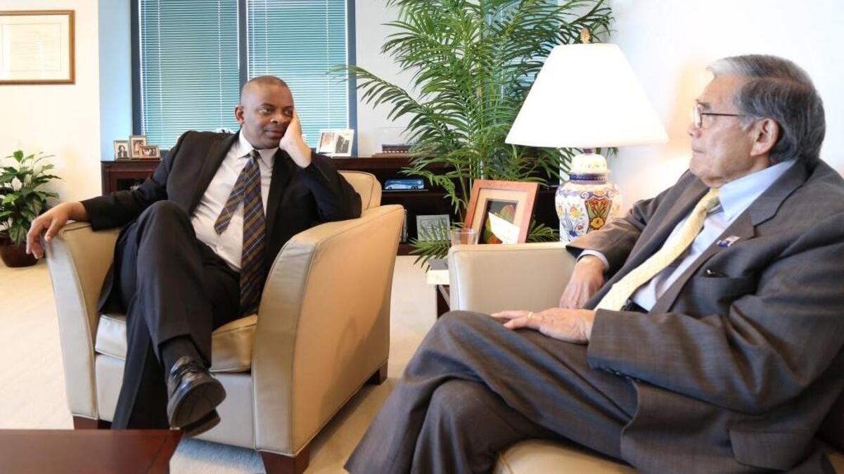 Secretary of Transportation Anthony Foxx meets in his office with former Transportation Secretary Norman Mineta. Charlotte’s former mayor has now spent two years in the nation's capital, after being tapped to become President Barack Obama's Secretary of Transportation.