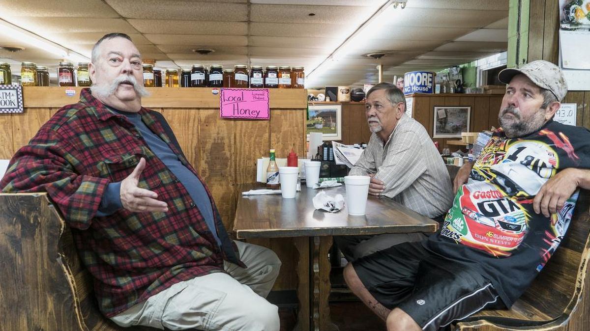 From left, Joe Peeler, Tony Ruppe and Scott Ledford talk about House Bill 2 at the Linwood Restaurant in Kings Mountain. “People just don’t think men should go into women’s restrooms,” said Ledford of Kings Mountain, when asked about the provision in Charlotte’s overturned ordinance that would have allowed transgender individuals to use the bathroom of their gender identity. “They can dress how they want, that’s fine. But there are kids in (bathrooms).”