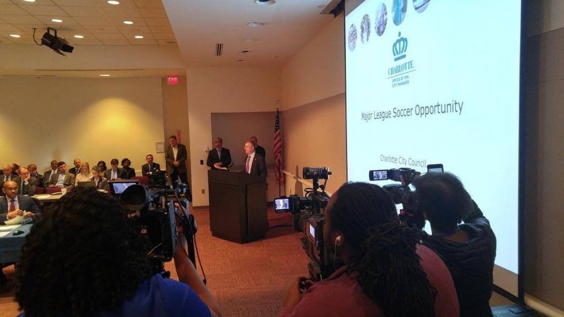 Deputy city manager Ron Kimble gives a public presentation Monday about a proposal for the city and county to each spend $43.75 million toward a new Major League Soccer stadium.