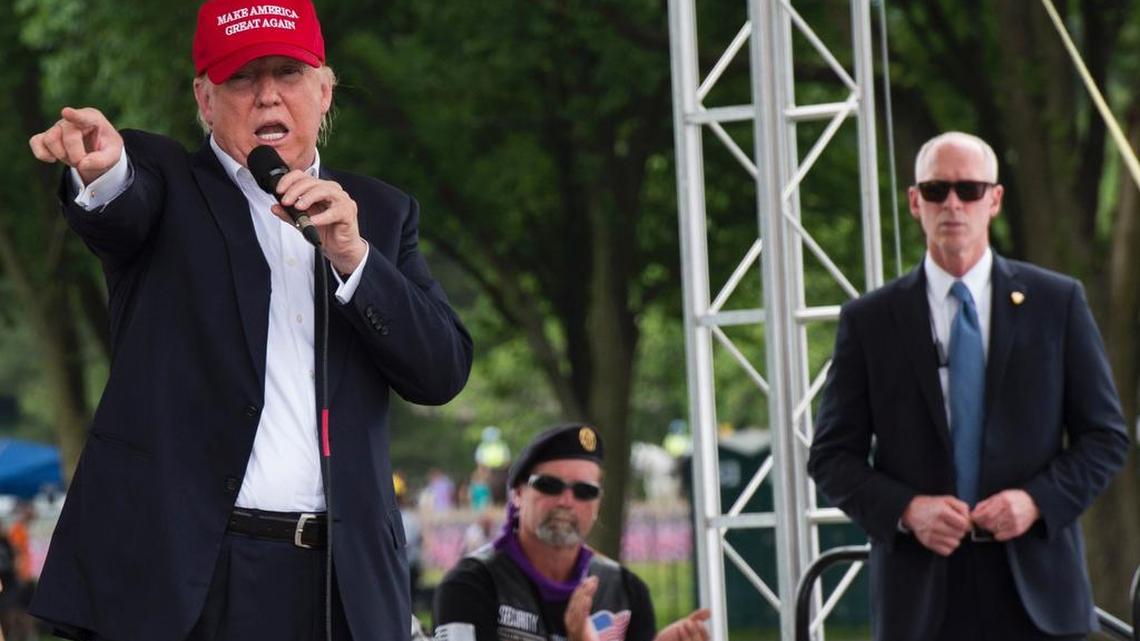 Republican presidential candidate Donald Trump speaks during an event at the annual Rolling Thunder "Ride for Freedom" parade in Washington, D.C., on Sunday.