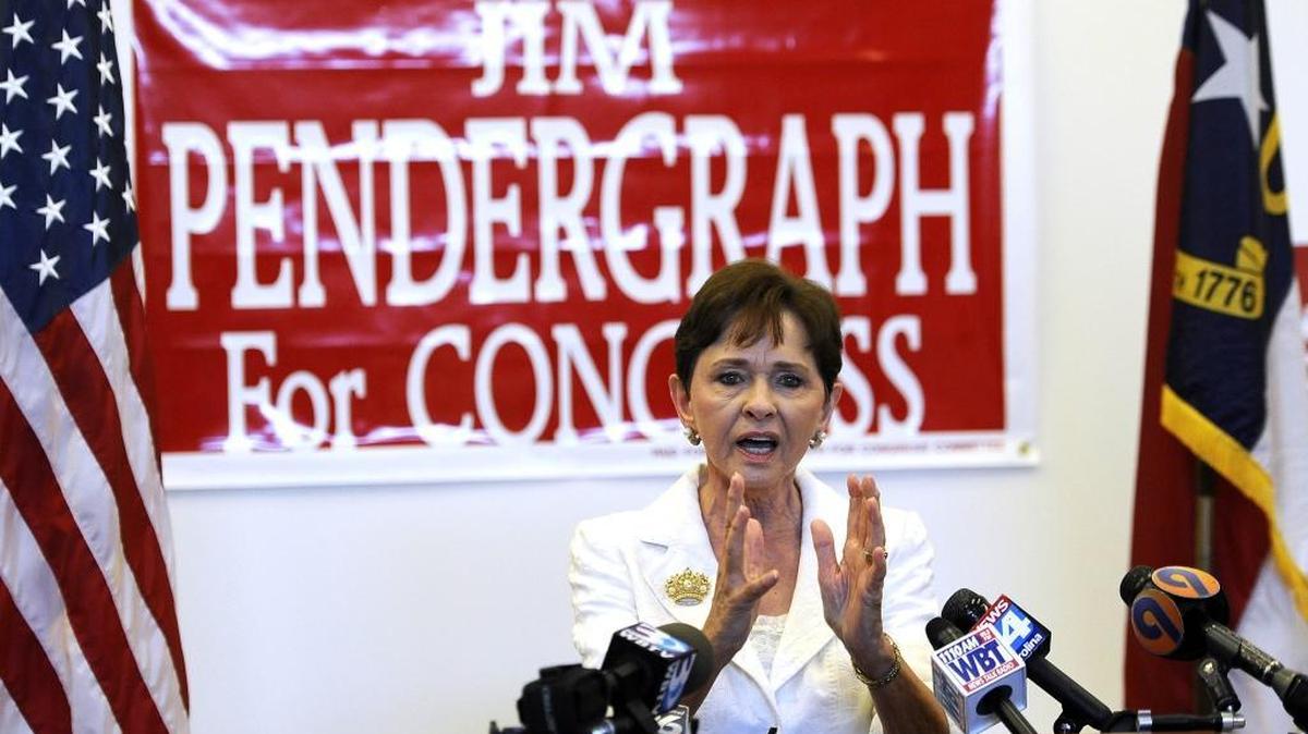 Then U.S. Rep. Sue Myrick talks to supporters of Jim Pendergraph at a news conference at his campaign headquarters on April 16, 2012. Myrick, who endorsed Pendergraph in 2012, on Thursday backed the man running against her Republican successor, U.S. Rep. Robert Pittenger.