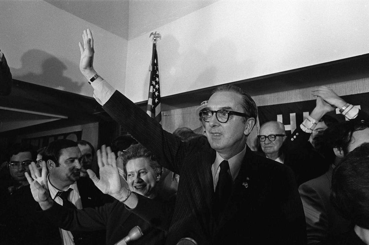 Republican Senator-elect Jesse Helms and his wife Dorothy respond to a cheering crowd at his victory celebration in this Nov. 8, 1972, file photo.