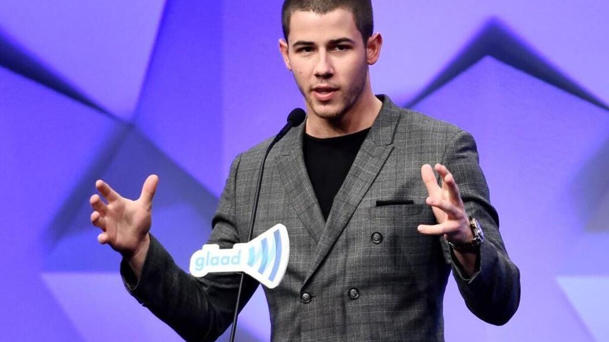 Singer/actor Nick Jonas addresses the crowd during the 27th Annual GLAAD Media Awards at the Beverly Hilton on Saturday, April 2, 2016, in Beverly Hills, Calif.