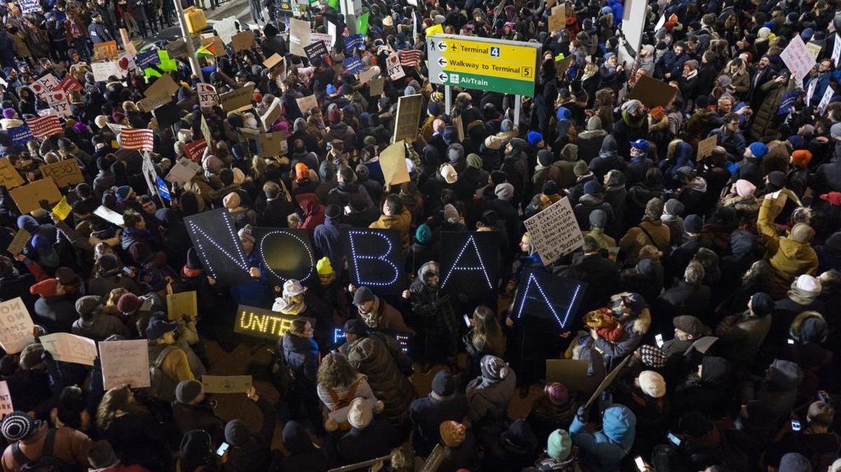 Protesters assemble at John F. Kennedy International Airport in New York on Saturday, after Iraqi refugees were detained. President Donald Trump’s executive order suspended all immigration from Iraq, Syria, Iran, Sudan, Libya, Somalia and Yemen.