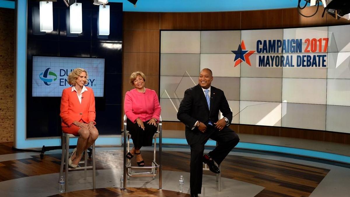 Charlotte Mayor Jennifer Roberts, left, Charlotte Mayor Pro Tem Vi Lyles and NC state senator Joel Ford participate in a mayoral debate on Wednesday. Roberts had nearly three times as much money as her nearest Democratic opponent, new reports show.