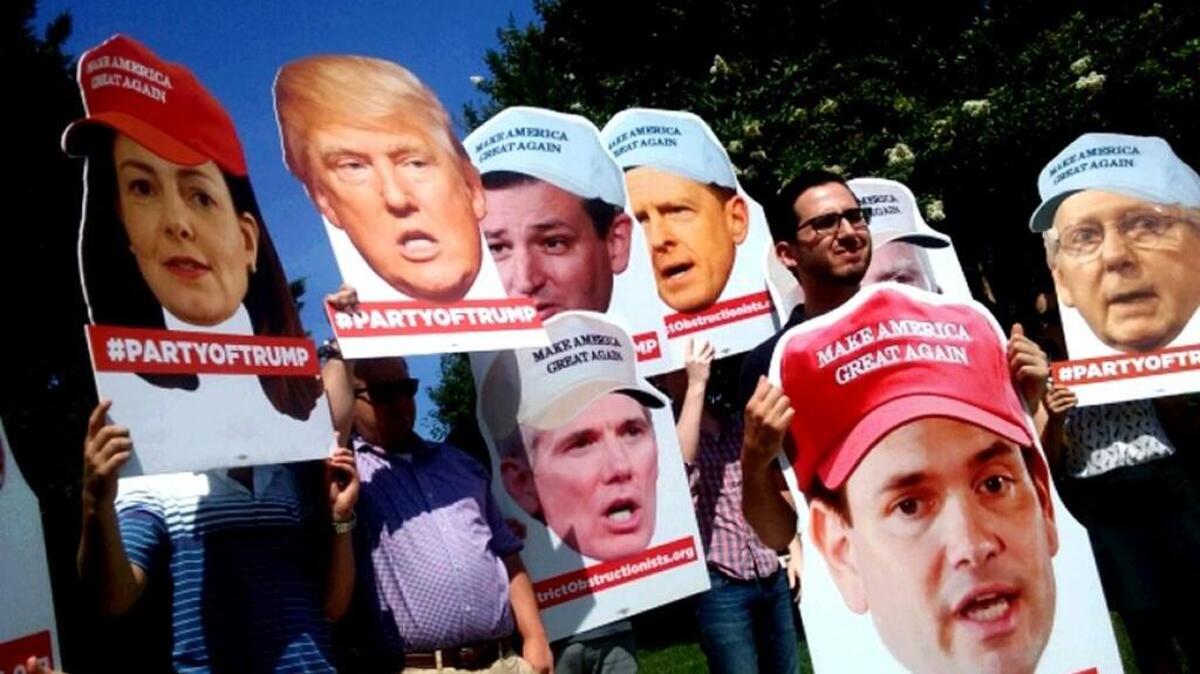 Protestors gathered outside a meeting of congressional Republicans with the presumptive nominee Donald Trump. They heckled lawmakers as they exited the meeting with cries of “Shame!” and “Trump is a racist!”