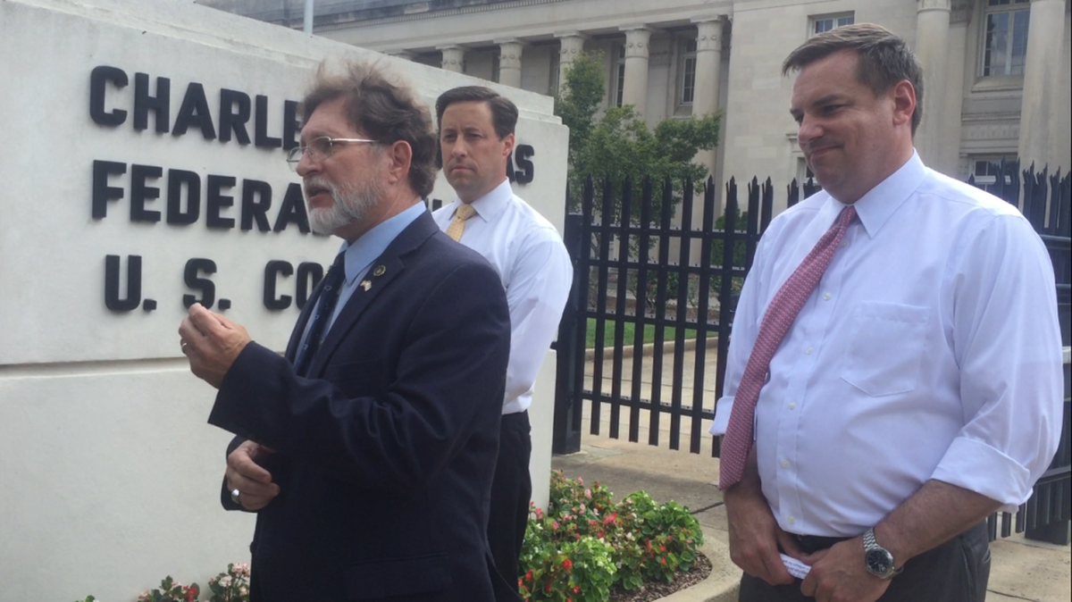 North Carolina GOP leaders Larry Pittman (left) Scott Stone and Richard Hudson held a press conference Thursday calling on Roy Cooper to defend the state’s voter ID law, which was overturned by the U.S. 4th Circuit Court of Apeals in July.