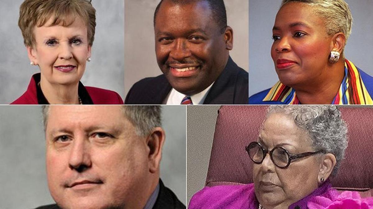 In early returns, at-large Democrat incumbents (top, left to right) Pat Cotham, Trevor Fuller and Ella Scarborough held leads. Also ahead by large margins were Republican District 6 incumbent Bill James (bottom left); and District 2, four-term commissioner Vilma Leake (bottom right).