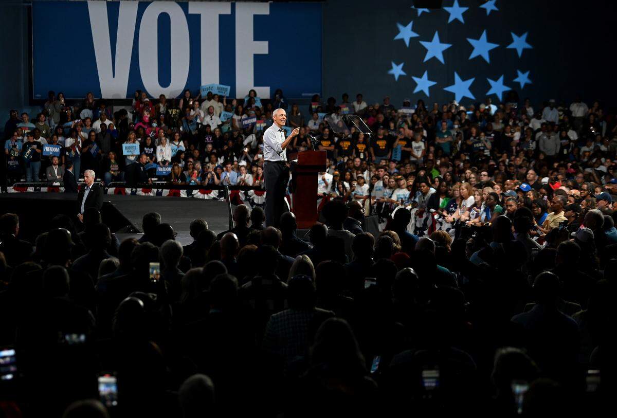 Former President Barack Obama makes a point to the audience at the Charlotte Convention Center in Charlotte, NC on Friday, October 25, 2024.