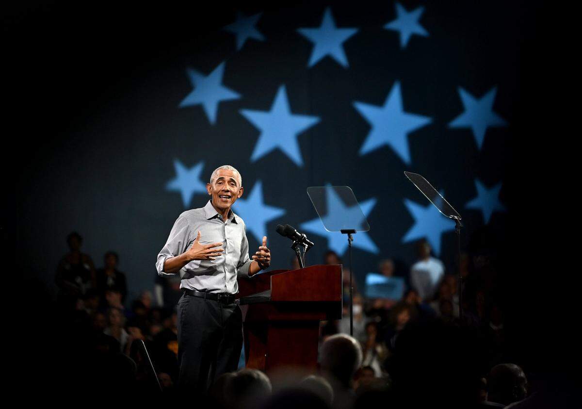 Former President Barack Obama speaks to an audience at the Charlotte Convention Center on Friday, October 25, 2024. The former president spoke to the crowd about the need to vote for Vice President Kamala Harris in the presidential race.