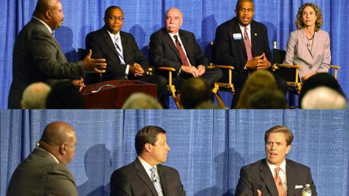 Six of the candidates running for mayor of Charlotte faced-off Thursday during a debate sponsored by The Charlotte Observer and WBTV. Pictured are (top, left to right): moderator Steve Crump, and Democrats Michael Barnes, Dan Clodfelter, David Howard and Jennifer Roberts; (bottom, left to right): Crump and Republicans Scott Stone and Edwin Peacock.