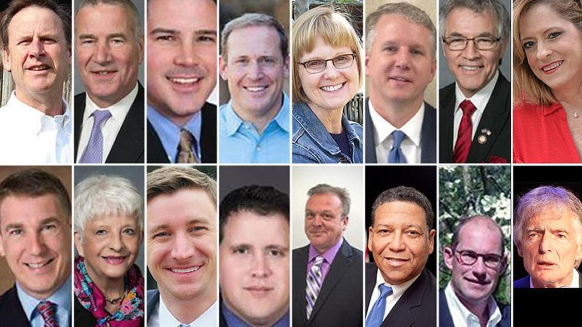 From top left: Dan Barrett, John Blust, Andrew Brock, Ted Budd, Kathy Feather, Chad Gant, Harry Warren, Kay Daly. From bottom left: Hank Henning, Julia Craven Howard, Matt McCall, George Rouco, Farren Shoaf, Vernon Robinson, Jason Walser, Jim Snyder.