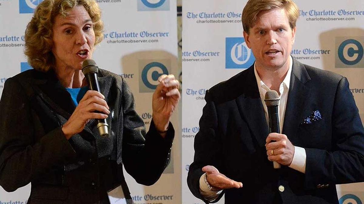 
Charlotte mayoral candidates Jennifer Roberts and Edwin Peacock III at a recent candidates’ forum.
