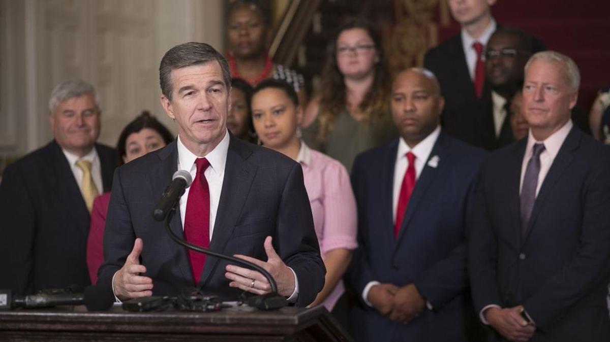 North Carolina Gov. Roy Cooper says he will veto the budget bill from the North Carolina legislature during a press conference at the Executive Mansion on June 26, 2017 in Raleigh.
