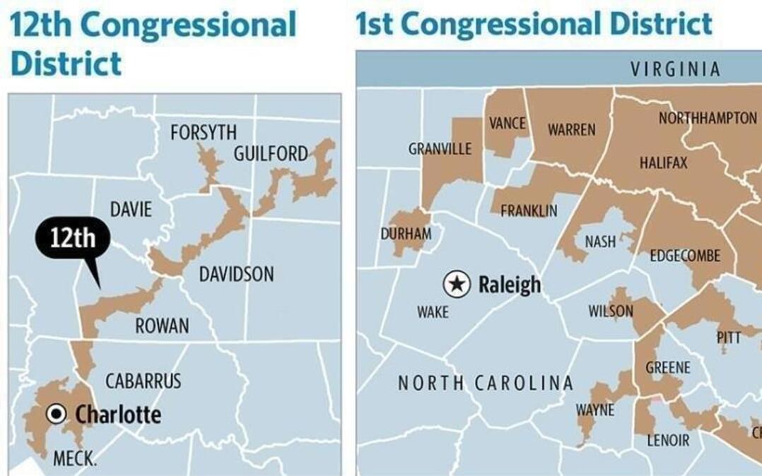 These maps show how two congressional districts looked in North Carolina before this year, when a three-judge federal panel ruled they were illegal racial gerrymanders.