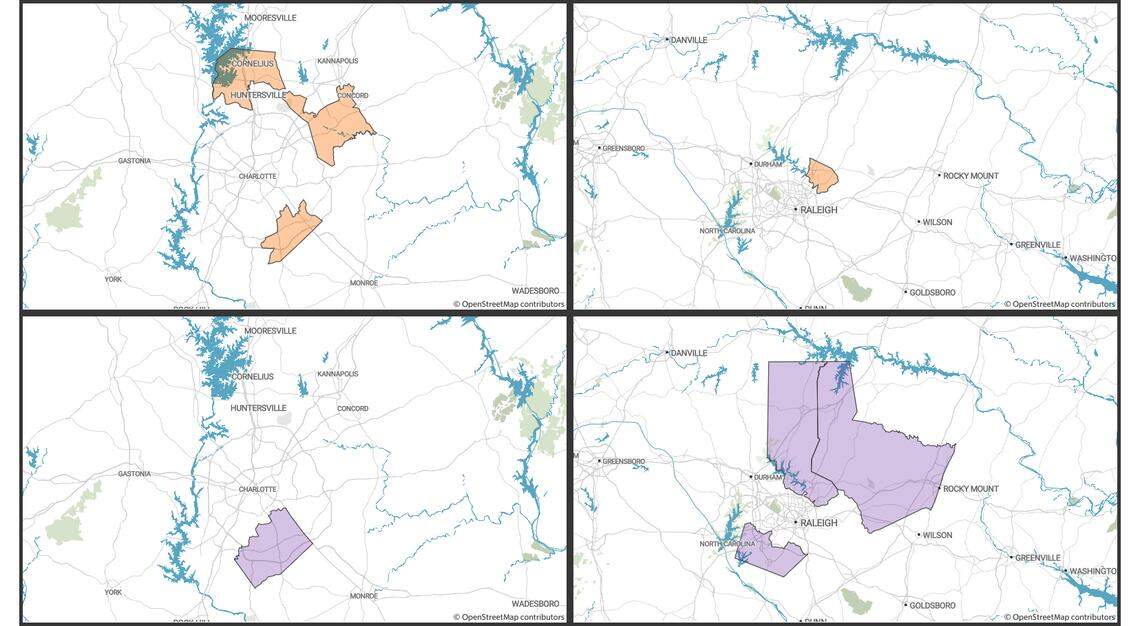 These maps show N.C. General Assembly districts identified by The Charlotte Observer and The News & Observer as being battlegrounds in the 2022 election. The orange-colored districts (at top) are state House districts 35 in northern Wake County, 73 in western Cabarrus County, 98 in northern Mecklenburg County and 103 in southern Mecklenburg County. The purple-colored districts (at bottom) are state Senate districts 17 in southern Wake County, 18 in northern Wake and Granville counties, 11 in Vance, Franklin and Nash counties and 42 in southern Mecklenburg County.
