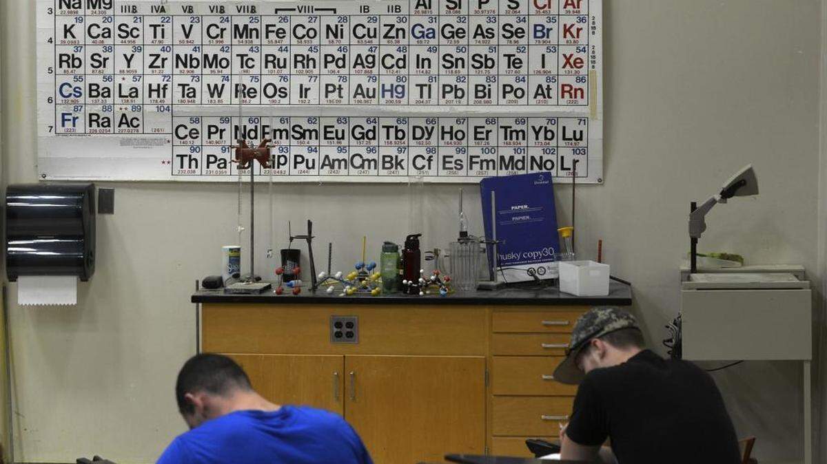 Students inside a chemistry lecture hall inside the Burson building at UNC Charlotte. A bond referendum would pay for a new science building to replace the current outdated facility.