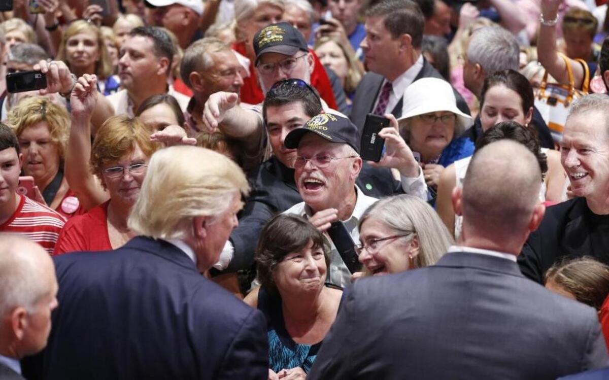 Republican presidential candidate Donald Trump greets the crowd after a campaign rally at the Greenville Convention Center in Greenville, N.C., on Tuesday, Sept. 6, 2016.