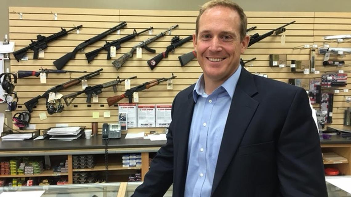 GOP congressional candidate Ted Budd in his gun store in Advance.